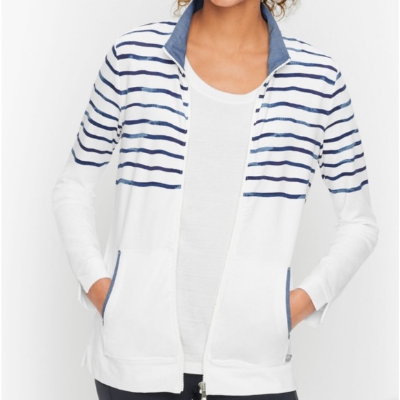 T by Talbots Pink Wave Stripe Full Zip Jacket Size Medium - Picture 3 of 16